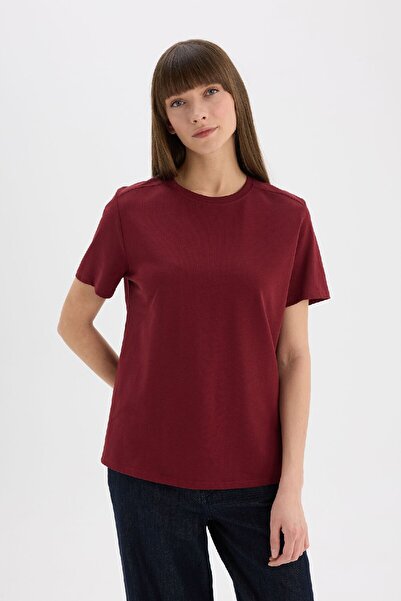DeFacto Premium Burgundy T-Shirt - Regular Fit, Crew Neck, Short Sleeve A9428Ax25Sp