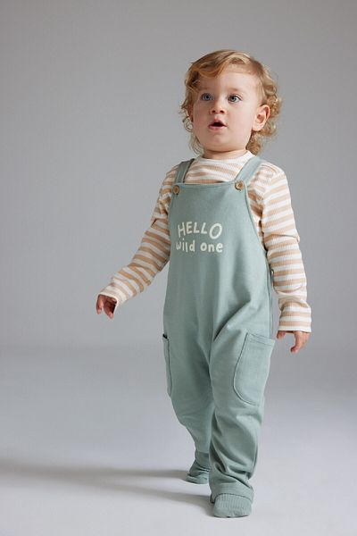 DeFacto 2-teiliges Set für Babys – gestreiftes Langarm-T-Shirt und bedruckter Strampler D8708a525sp