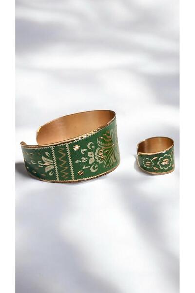 PrestigeSO Green Copper Bracelet Copper Earrings Copper Ring Set