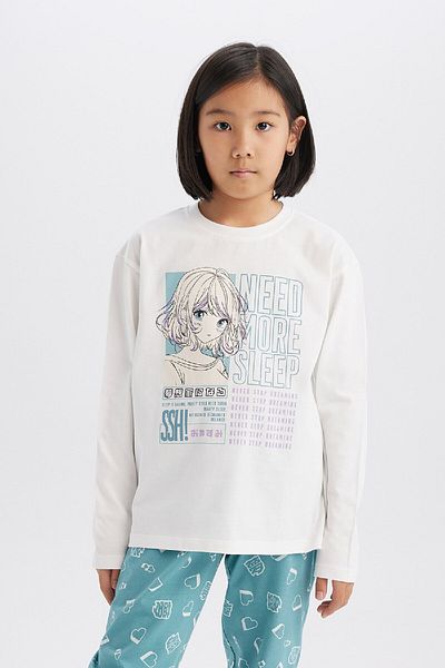 DeFacto Pyjama-Set für Mädchen, langärmeliges Oberteil, dehnbare Taille, langer Boden, E0531a825sp
