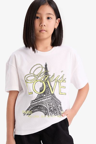 DeFacto Tricou cu mânecă scurtă cu imprimeu pentru fete, cu decolteu, relaxat, E0353A825SM