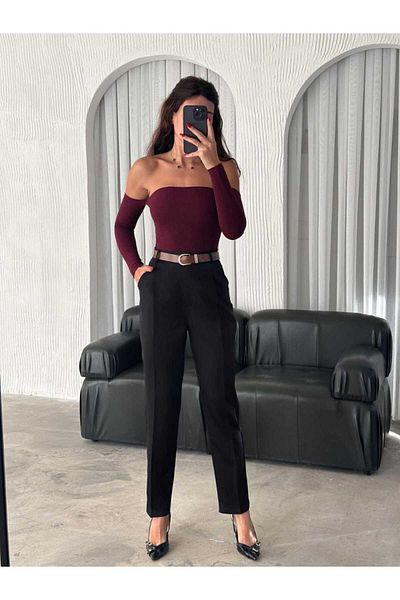 Butik Merrline, curea neagră, cu talie înaltă, cu patru buzunare, model morcov, pantaloni din țesătură cu tăietură plisată