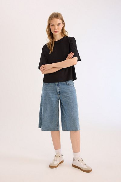 DeFacto Coool Loose Fit Crew Neck Basic Plain Thick Fabric Short Sleeve Black T-Shirt E0291Ax25Sm