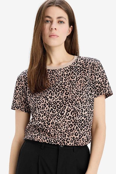 DeFacto Long Fit Crew Neck Leopard Print Combed Cotton Short Sleeve T-Shirt U1778Az25Sp
