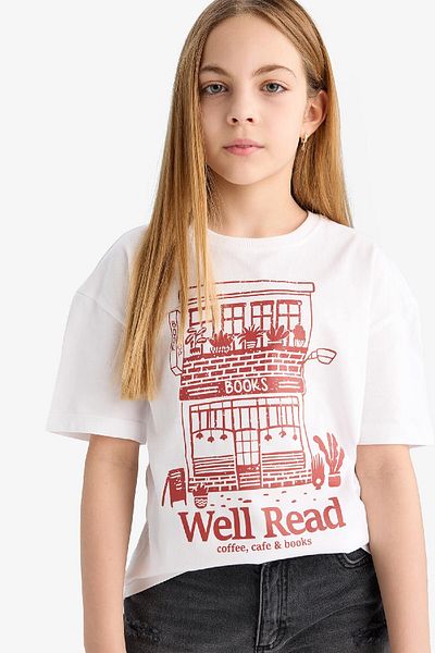 DeFacto Tricou cu mânecă scurtă cu imprimeu pentru fete, cu decolteu, relaxat, E0355A825SM