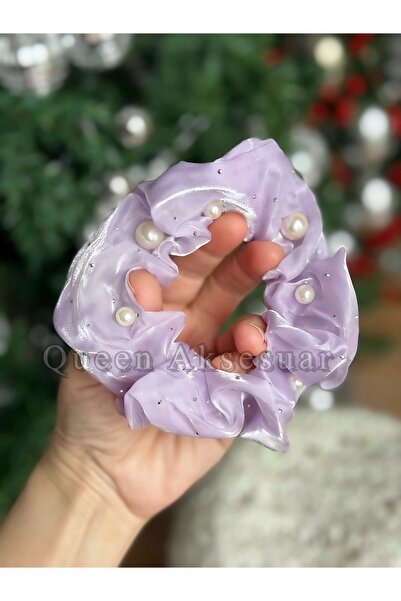 QUEEN AKSESUAR Luxury Stone Pearl Ornamented Purple Lilac Scrunchie Shiny Satin Fabric Rubber Scrunchy