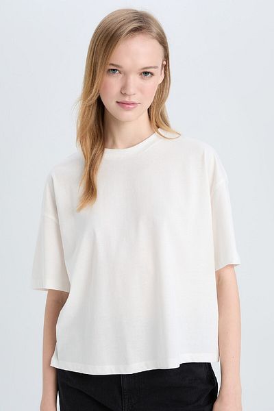 DeFacto Coool Loose Fit Rundhalsausschnitt Basic Plain Dicker Stoff Kurzarm Weißes T-Shirt E0291ax25sm