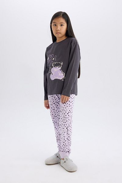 DeFacto Pyjama-Set für Mädchen – bedruckt, langärmlig, elastisches Taillenmuster, langer Boden E0532a825sp