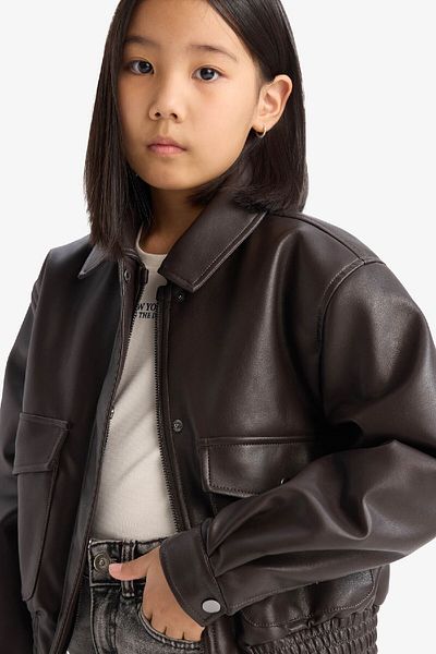 DeFacto Girl's Faux Leather Coat - Water Repellent Zippered Double Pocket D6925A825Sp