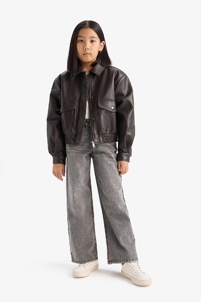 DeFacto Girl's Faux Leather Coat - Water Repellent Zippered Double Pocket D6925A825Sp