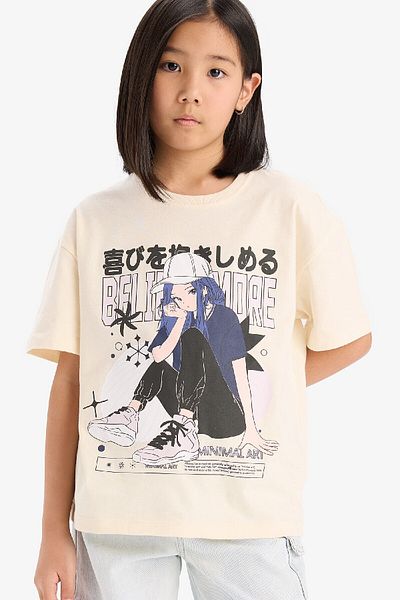 DeFacto Girl's Oversize Wide Fit Crew Neck Printed Short Sleeve T-Shirt E0356A825Sm