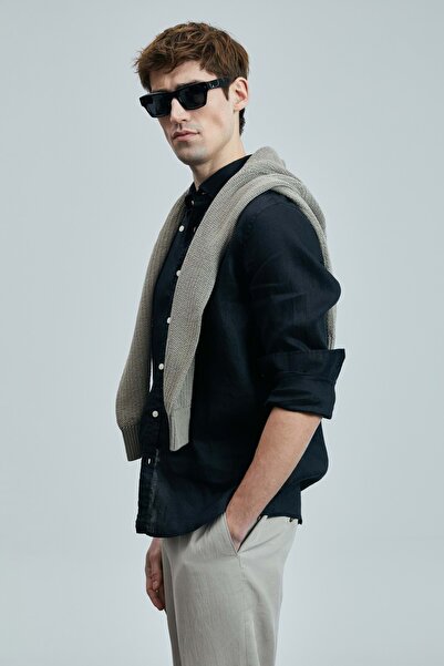 Lufian 111010630 Pitaya Keten Gömlek Comfort Fit Erkek Gömlek SİYAH