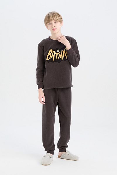 DeFacto Batman-Pyjama-Set für Jungen – Fleece, Rundhalsausschnitt, lange Ärmel, elastische obere Taille, langer Boden D8570A824