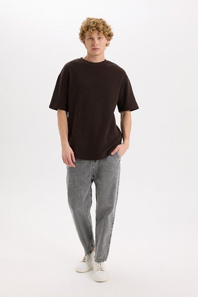 DeFacto Μπλουζάκι με κοντό μανίκι με λαιμόκοψη Boxy Fit Basic απλό μπλουζάκι βάφλα B4443AX25SP