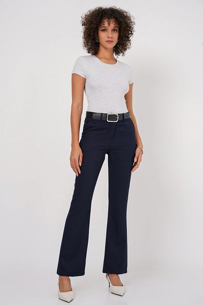 modaserdem 6538 Belted Spanish Leg Trousers - Navy Blue