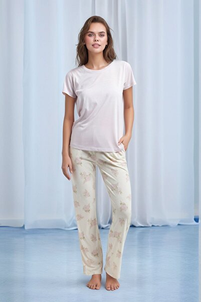 Pierre Cardin Set pijamale din viscoză cu model roz cu mâneci scurte pentru femei Q0P1K1C6K