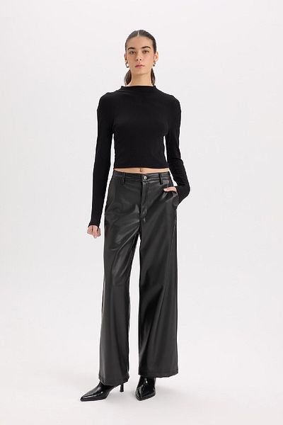 DeFacto Culotte Faux Leather Winter Pants with Pockets High Waist Wide Leg D9372Ax24Au