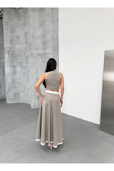 modaserdem Striped Garnished Midi Skirt Vest Set