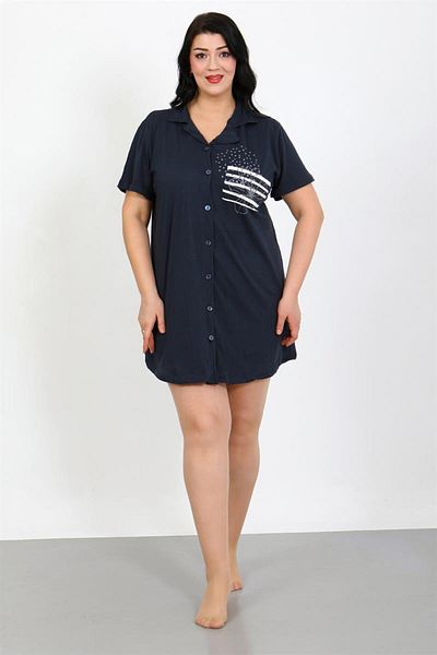 modaserdem Large Size Combed Cotton Buttoned Navy Blue Tunic Nightgown 1025