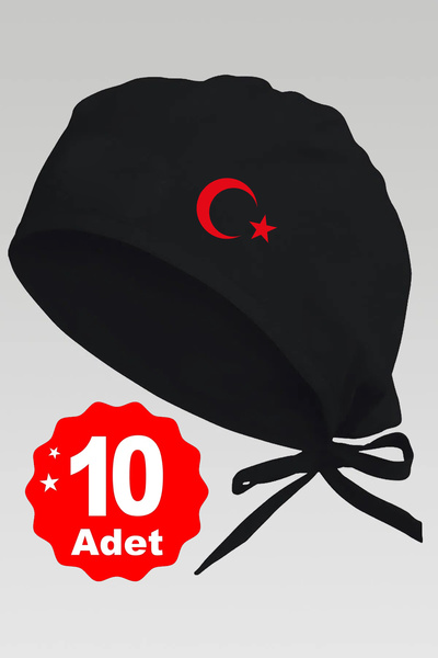 enmalife 10lu Kırmızı Ay Yıldız Basklılı Siyah Özel Tasarım   Bonesi