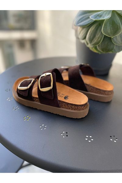 Land of Cork Platform Sole Anatomical Women's Big Buckle Natural Cork Sole Suede Leather Slippers