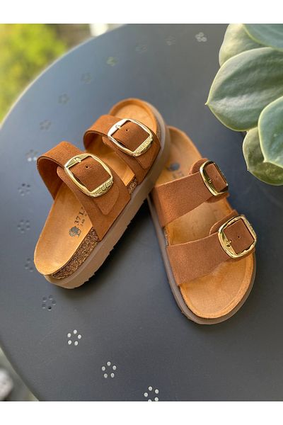 Land of Cork Anatomical Women's Big Buckle Natural Cork Sole Suede Leather Slippers