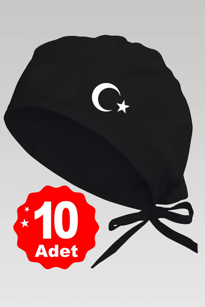 enmalife 10lu Beyaz Ay Yıldız Basklılı Siyah Özel Tasarım Aşçı Ve Şef Bonesi