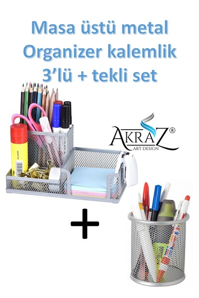 Akraz Art Design MASA ÜSTÜ METAL KALEMLİK SETİ 3'LÜ GRİ + TEKLİ KALEMLİK (SET)