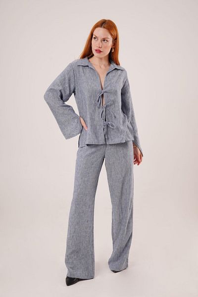 modaserdem Front Tie Detailed Trousers and Shirt Indigo Double Set
