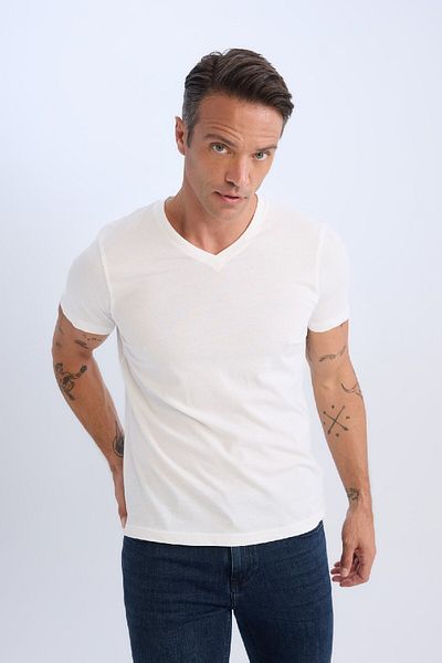 DeFacto 100 % Baumwolle Neues Basic-T-Shirt mit V-Ausschnitt und regulärer Passform, einfarbig, kurzärmelig, D7938ax25sp
