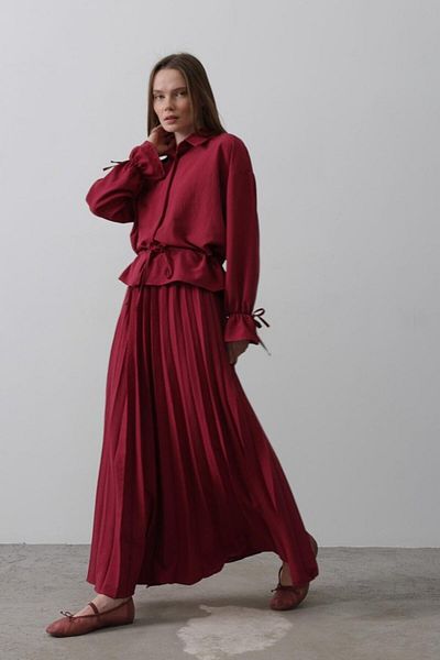 modaserdem Waist Detailed Blouse Pleated Skirt - Burgundy