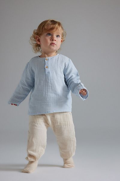 DeFacto 2-Piece Set for Baby Boy - Crew Neck, Long Sleeve, Muslin Top, Elastic Waist A9089A525Sp