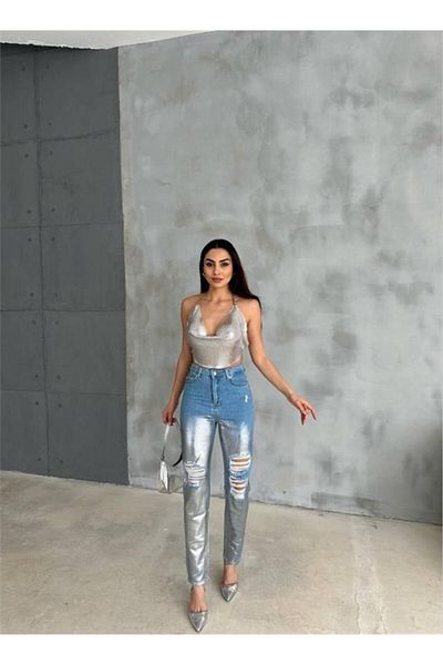 modaserdem Silver Knee Ripped Mom Jeans