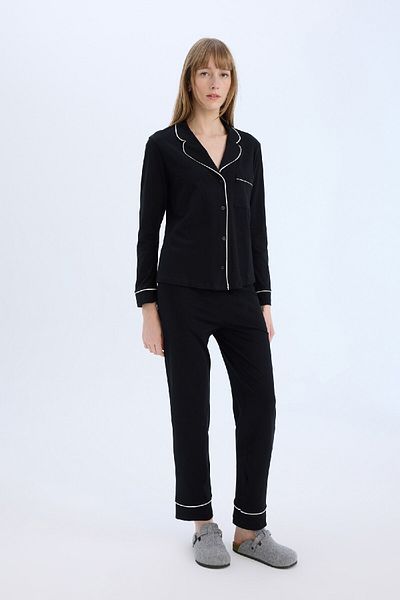 DeFacto Long Sleeve Pajama Set Stretchy Waisted Long Pajama Bottoms and Long Pajama Tops