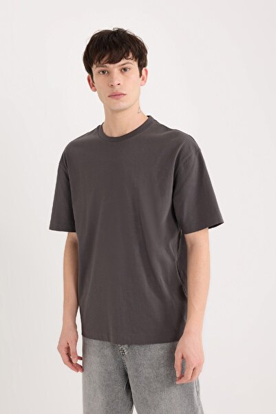 DeFacto 100% Cotton Boxy Fit Crew Neck Basic Plain Short Sleeve T-Shirt D6070Ax25Sp