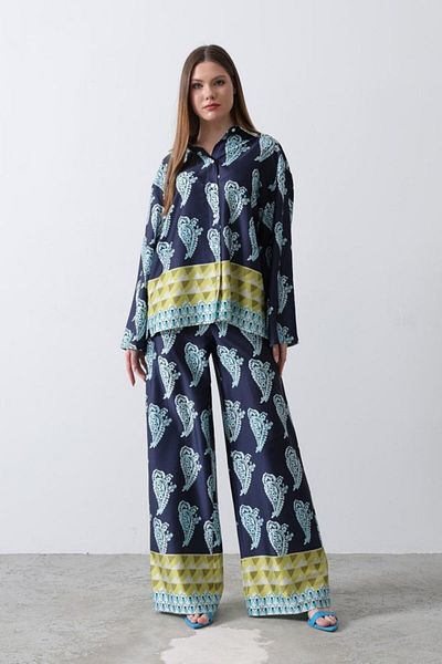 modaserdem Patterned Satin Loose Set - Indigo