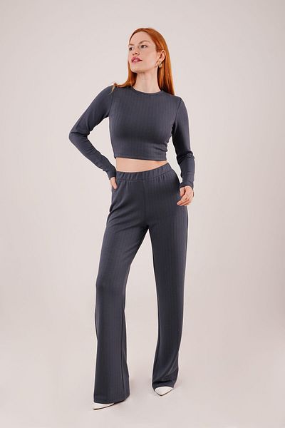 modaserdem Ribbed Blouse and Trousers Anthracite Double Set