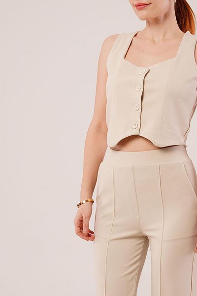 modaserdem Thick Strap Buttoned Vest and Trousers Beige Set