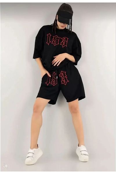 modaserdem Unisex Embroidered Shorts Set - Black