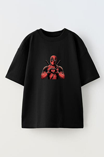 donamod Unisex Siyah Oversize Pamuk Kalpli Deadpool Baskılı Örme T-shirt