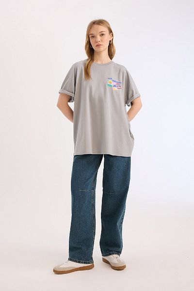 DeFacto Tricou cu mânecă scurtă, cu mânecă scurtă, cu imprimeu la spate, cu croială largă, E0671ax25sm