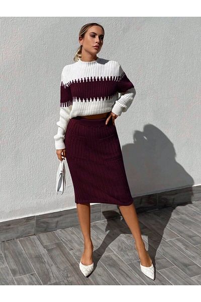 modaserdem Women's Long Sleeve Knitwear Skirt Suit