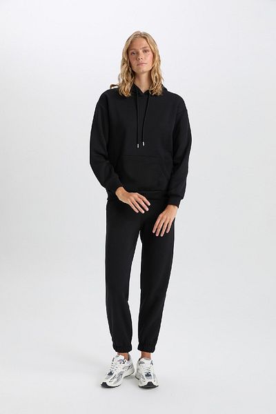 DeFacto Relax Fit Kapuzenpullover mit Kängurutasche, dickes, schlichtes, schwarzes Basic-Sweatshirt W8071az24wn