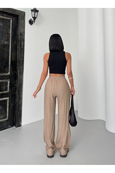 aytenli High Waist Wide Leg Lace up Fitted Elastic Waist Pocket Strawberry Fabric Palazzo Pants