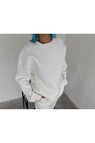 modaserdem Winter Crew Neck με τρεις κλωστές Basic SweatShirt - Λευκό