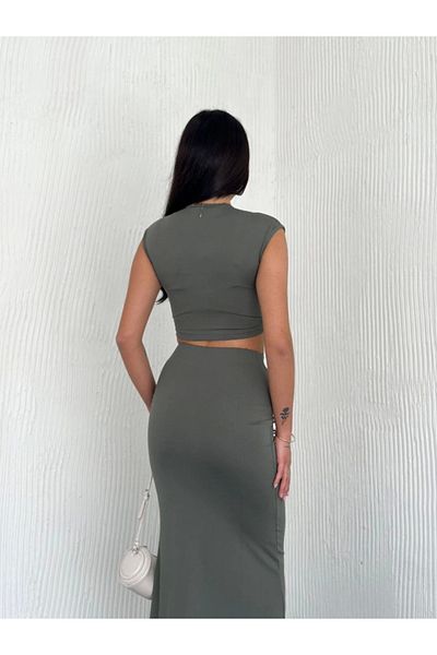 modaserdem Women's Soft Textured Fabric Gathered Crop Skirt Set - Mint Green