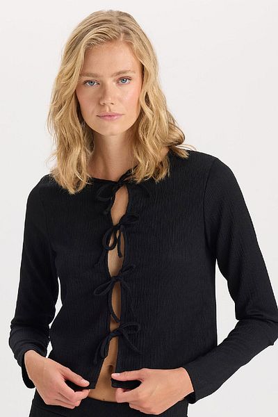 DeFacto Regular Fit Cycling Cardigan - Long Sleeve Front Tie D6296Ax24Au