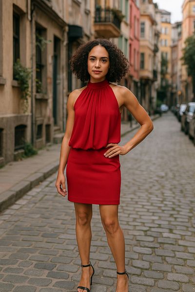 modaserdem Rochie de damă din șifon, fără mâneci, cu gât, peste genunchi