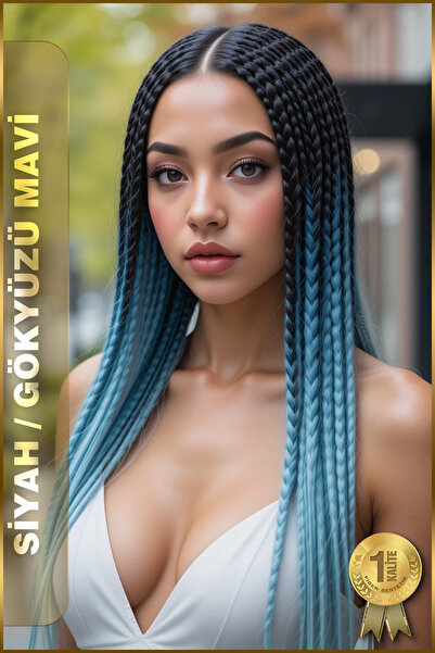 TAM TARZ Afrika Örgüsü Ve Rasta İçin Sentetik Saç - 2 Renkli / Siyah-Gökyüzü Mavi