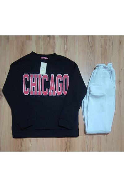 modaserdem Women's Fleece Inside Three Thread Fabric Chicago Printed Double Set